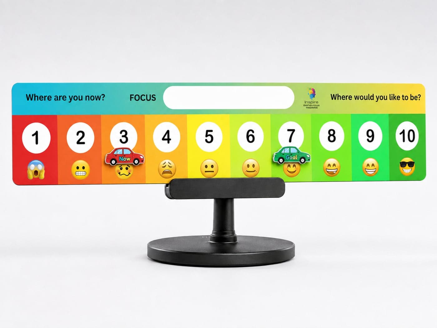 The Scaling Board on its desk stand, showing the 1 to 10 scale with the NOW and GOAL car magnets